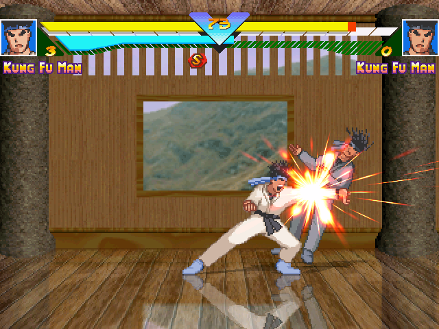 Screenshot of a 1v1 match between two Kung Fu Men, showcasing the hi-res hit sparks