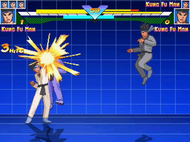 Screenshot of a 4-team vs 2-simul match of Kung Fu Men, showcasing the Jojo hit sparks