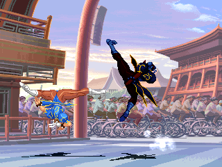 Screenshot featuring Chun-Li performing Spinning Bird Kick and Shadow Lady performing Tenshokyaku