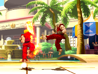 Screenshot featuring Ken performing Shoryuken and Violent Ken performing Tatsumaki Senpukyaku